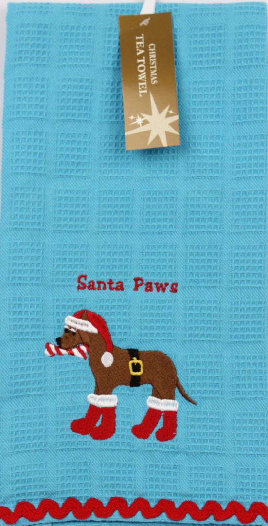 Christmas embroidered waffle weave tea towels 'Santa Paws' White Code:T/T-CH/PAWS image 0